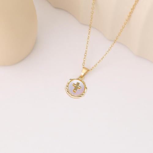 Gold Enamel Mini Cross Necklace Tiny Mother of Pearl Cross Necklace Religious Christian Gift for Baptism First Communion Christmas - color: small mother of pearl cross (10mm)-gold