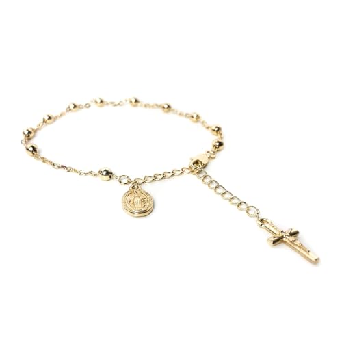 Stunning Catholic Rosary Bracelet for Women with Our Lady of Graces Medal and Cross Crucifix Charm, 14K Gold Plated, Adjustable - Dainty Elegant Religious Jewelry Gift
