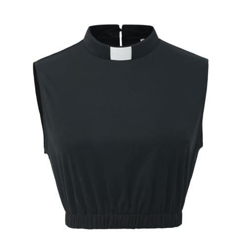 Women's Clergy Crop Top Sleeveless T-Shirt Tab Collar Clergy Priest Church Clergy Bib - color: Black, size: X-Large