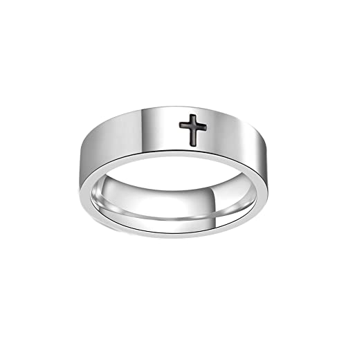 COLORFUL BLING 6MM Simple Polished Engraved Cross Stackable Ring Stainless Steel Silver Christian Cross Ring Sideways Religious Wedding Band Jewelry