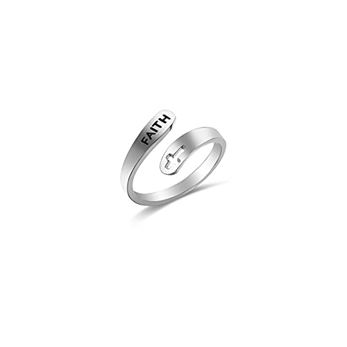 Caiyao Stainless Steel Christian Cross Engraved Love Faith Hope Blessed Ring Polished Opening Adjustable Letter Religious Ring for Women Men Birthday Jewelry Gift - color: D faith