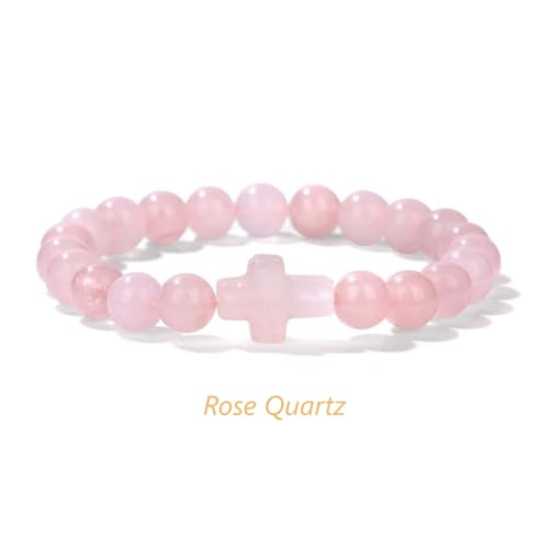 8mm Gemstone Cross Bracelet for Women Men – Stretch Beaded Faith Bracelet with Sideways Cross (Multiple Colors) - style: Rose Quartz
