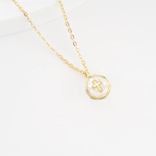 Gold Enamel Mini Cross Necklace Tiny Mother of Pearl Cross Necklace Religious Christian Gift for Baptism First Communion Christmas - color: Medium Opal cross(13mm)-white