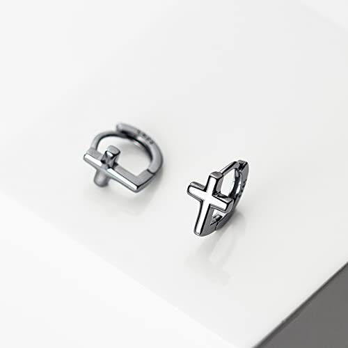 Cross Criss Sterling Silver Tiny Sleeper Hoop Earrings for Women Girls Minimalist Faith Hope Small Cartilage Tragus Huggie Hoops Cuffs Studs Fashion Jewelry Unisex Hypoallergenic - color: Black