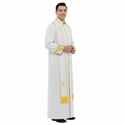 Clergy Cassock Robe for Men Pulpit Pastor Vestment with Stole for Church Minister Events - color: White, size: Medium