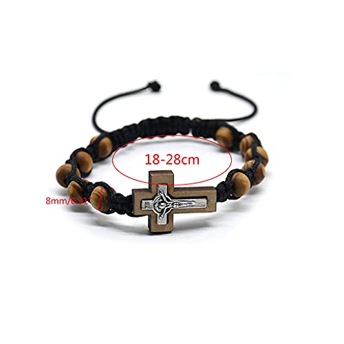 Wooden Rosary Cross Bracelets, 8mm Natural Wood Beads Adjustable Black Cord Christian-Catholic Prayer Bracelets with Cross