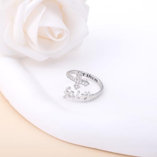 Helonley Cross Faith Ring for Women - 925 Sterling Silver Inspiration Rings - style: Let Them