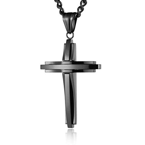 HZMAN Mens Polished Stainless Steel Silver Cross Pendant Necklace - color: Black