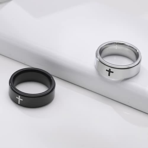 6mm/8mm Titanium Steel Black/Silver/Gold Fidget Ring Engraved Small Cross Stainless Steel Spinner Rings Stress Relieving Anxiety Ring Engagement Wedding Promise Band for Women Men Size 5-15 - color: 8mm Black