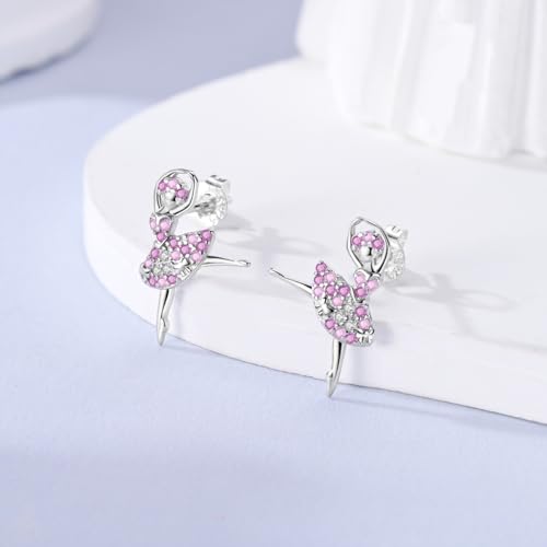 LAZA 925 Sterling Silver Stud Earrings for Women Cat and Sunflower Earrings - color: Pink Ballet Dancer
