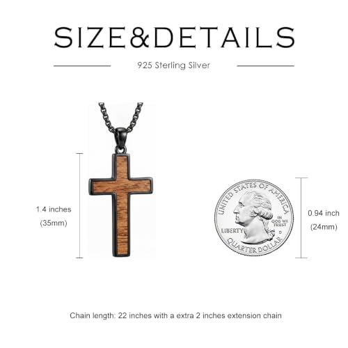 Cross Necklace for Men 925 Sterling Silver & Wood Cross Pendant with Stainless Steel Chain Cross Necklace for Men Women Christian Jewelry Gift - color: Cross-2