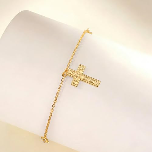 Gold Cross Bracelet for Women, Dainty 18K Gold Plated Double Pendant Jewelry, Sparkling Zirconia Prayer Bracelet, Adjustable Link Chain Lobster Clasp (5.9in + 2.4in) - style: Design Cross Bracelet