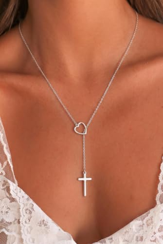 Christian Cross Necklace for Women, Unique Birthday Gifts for Women, Confirmation Baptism Gifts for Sister, Mom, Friends, Daughter in Christ Birthday Christmas - color: Heart-CROSS-SILVER-Baptism
