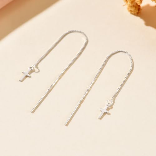 925 Sterling Silver Dainty Cross Threader Earrings for Women Hypoallergenic - color: Silver