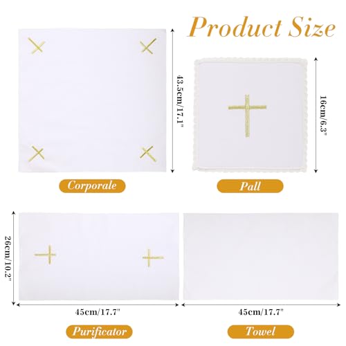 4 Pcs Altar Supplies Linen Corporal for Churches Sets (Pall,Corporal,Purificator,Towel) White Linen Altar Cloth Gold Cross Embroidery,Mass Kits Catholic for Priest