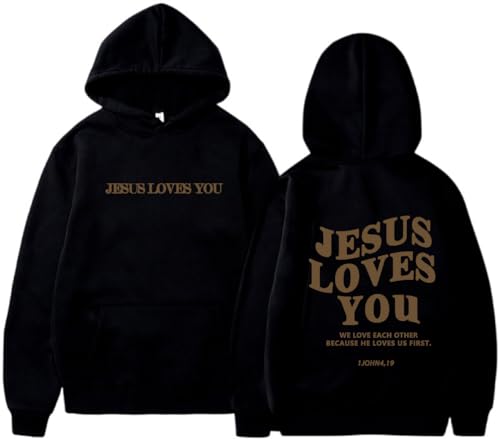 PANOZON Jesus Loves You Hoodie Christian Faith Religious God Tops Man Woman Pullover Sweatshirt Longsleeve - color: 2-black, size: X-Large