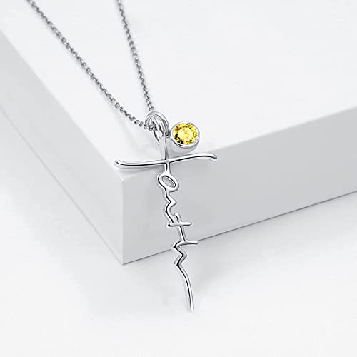 PRAYMOS Faith Cross Necklace for Women 925 Sterling Silver Pendant Necklace With Birthstone Initial Christian Religious Confirmation Baptism Mothers Day Gifts - color: 2-Silver November(Citrine)
