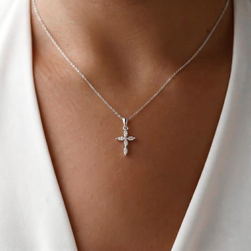 Cross Necklace for Women, Dainty 14K Gold Plated CZ Pendant - color: Silver-marquise cz cross
