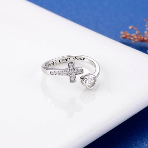 APOTIE 925 Sterling Silver Cross Ring - True Love Wait Purity Ring Cubic Zirconia Adjustable Ring Jewelry Gift for Women - style: Faith Over Fear