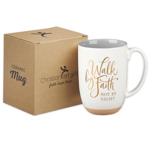 Christian Art Gifts White Clay Base Ceramic Coffee Mug: Walk by Faith - color: White/Walk by Faith, size: 15 Ounces
