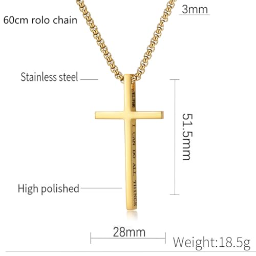 Cross Necklace for Men,Stainless Steel Christian Pendant Jewelry - color: C-gold-60cm chain