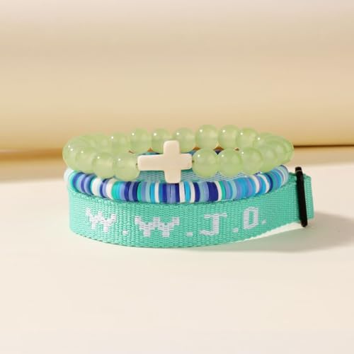 WWJD Bracelets Set WWJD Wristbands Christian Cross Bracelet Stackable Clay Bead Bracelets Stretch Glass Beaded Inspirational Christian Jewelry Gift for Couples Women Men - color: 3PCS Green
