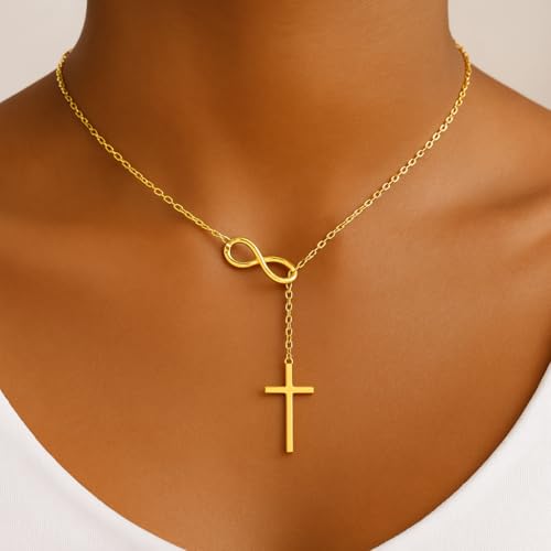14K Gold Cross Necklace for Women Medium Infinity Dainty Crucifix Pendant Chain Necklace Minimalist Gold Chain - color: c4