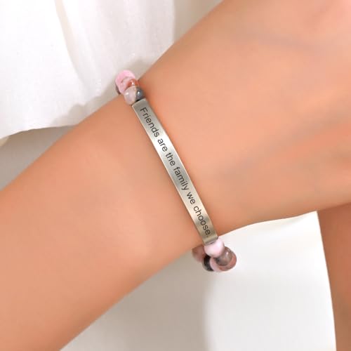 Inspirational Bracelets for Women,18K Gold Plated Christian Bible Verse Faith Jewelry, Religious Jesus Prayer Gift for Mom, Sister, Friend - color: Friends are the family we choose.-Pink Zebra Jasper-Silver