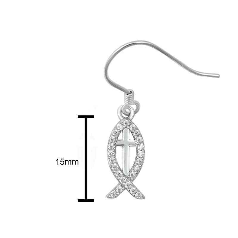 Christian Fish CZ Dangle Earrings 925 Sterling Silver