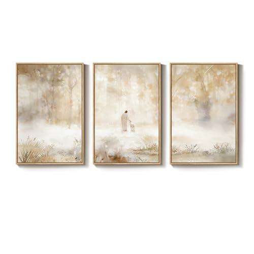Large Framed Christian 3 Piece Wall Art Jesus Leaves the 99 Sheep, 24X36 in - color: Leaves the 99, size: 24"W x 36"H