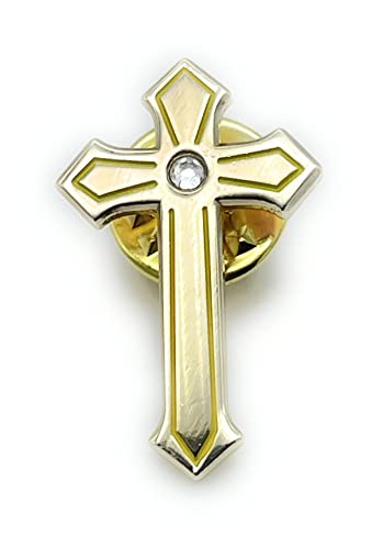 Religious Cross Lapel Pin - Gold Enamel with rhinestone