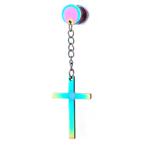 Pair Circle Screw Stud Earrings with Dangle Cross for Men Women, Stainless Steel, Screw Back - color: D-Metal Color:Rainbow