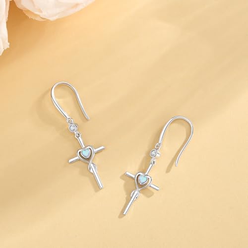 FANCIME Gift for Women Cross Dangle Drop Earrings 925 Sterling Silver Heart Birthstone Earring Fine Jewelry Birthday Gifts for Her Women - color: 10-Opal