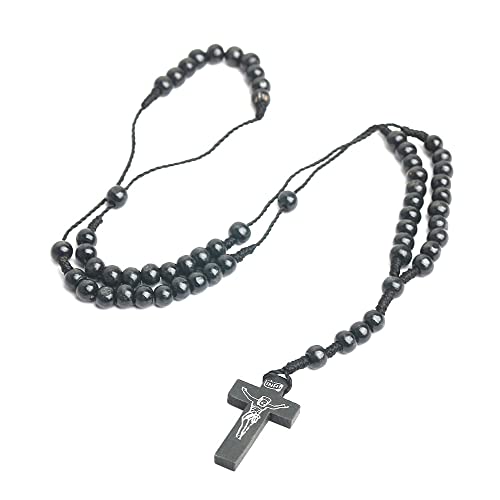 COLORFUL BLING Classic Natural Wood Beads Cross Pendant Necklace for Men Women Religious Rosary Jewelry Handmade Prayer Accessories - color: S5 black