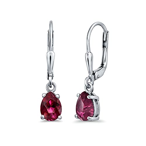 Teardrop Bridal Dangling Leverback Earrings Pear Cubic Zirconia 925 Sterling Silver - color: Simulated Ruby CZ