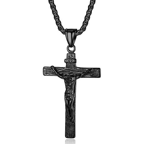 Jesus Christ on INRI Crucifix Cross Pendant Necklace for Teens Women Men - color: Black
