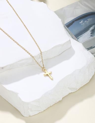MILACOLATO 925 Sterling Silver Cross Necklace for Women, 14K Gold Plated Small Cross Pendant Choker Necklace, Dainty Hammered Cross Christian Baptism Religious Jewelry Gifts - color: 14K Gold Plated