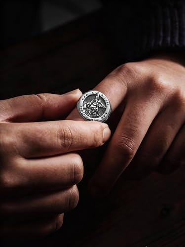 Saints Michael Ring for Men, 18K Gold Plated/Black Metal, St. Michael San Miguel The Great Protector Archangel Defeating Satan Figurine Stainless Steel Amulet Rings, Size 7-14, Send Gift Box - color: A-Silver