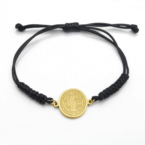 925 Sterling Silver San Benito Bracelet For Women And Men, Catholic Multicolor Bracelet St. Benedict Medal Hand Knitted Knot Coin Beaded Adjustable Religious Prayer Faith - color: Black Gold - San Benito Bracelet