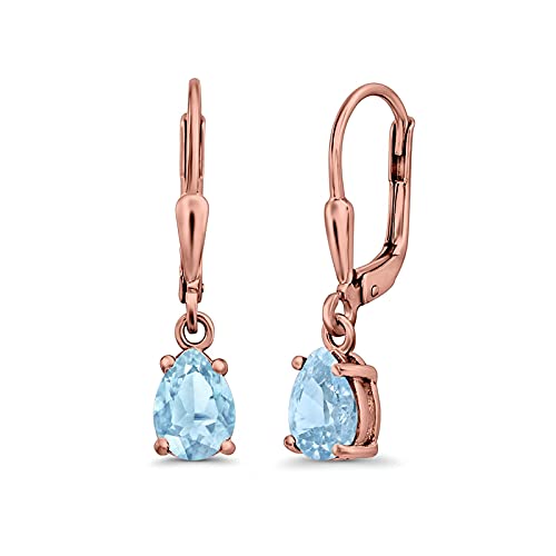 Teardrop Bridal Dangling Leverback Earrings Pear Cubic Zirconia 925 Sterling Silver - color: Rose Tone, Simulated Aquamarine CZ