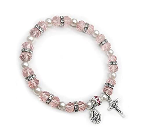Crystal Cross Bracelet Elastic Beads Stretch Rosary Bracelet with Crucifix and Miraculous Medal for Women Girls - color: white+pink