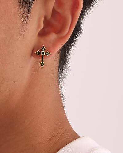 Cross Stud Earrings for Men Women S925 Silver Post CZ Sparkle - color: Black and Gold