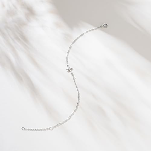 LUCA SMITH 925 Sterling Silver Cross Bracelet for Women Adjustable Stackable Dainty 14K Gold/Silver Cute Tiny Symbolic Cross Pendant Charm Link Chain Faith-Based Jewelry - color: silver