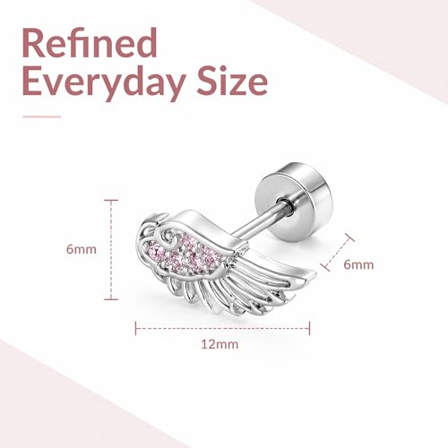 Angel Wing Stud Earrings for Women Silver Plated - color: pink