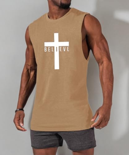 Men's Cotton Graphic Tank Tops Jesus Cross Believe Printed Faith Christian Shirts - color: #Khaki, size: Small