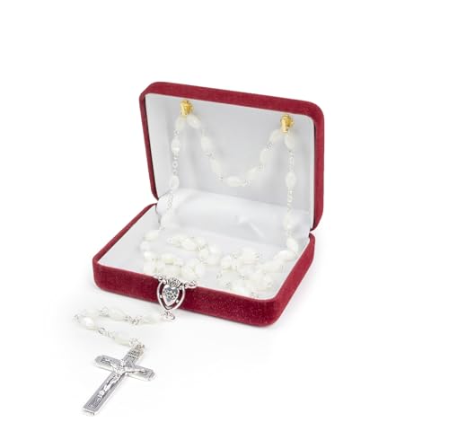 Catholic Rosary For Men & Women - 22.5" Rosary Necklace From The Holy Land Of Jerusalem - Catholic Rosary With Olive Wood & Mother of Pearl Rosary Beads & Crucifix Dangle - color: Sacred Heart of Jesus