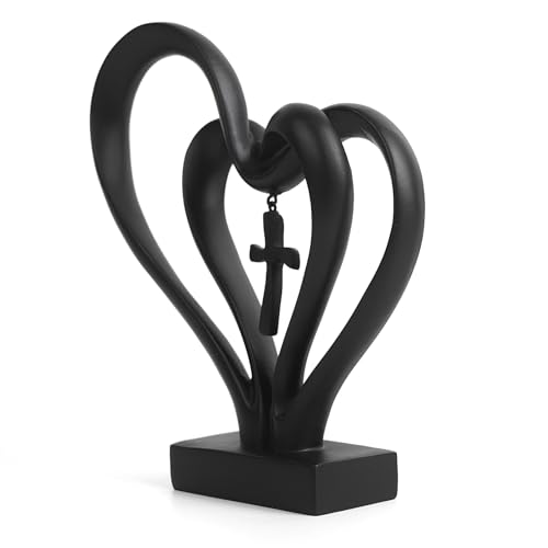 DreamsEden Two Hearts with Cross Sculpture, Intertwined Love Hearts Statue, Resin Figurine Home Decor for Wedding Anniversary, Valentines, Christian Gift for Couples Him Her