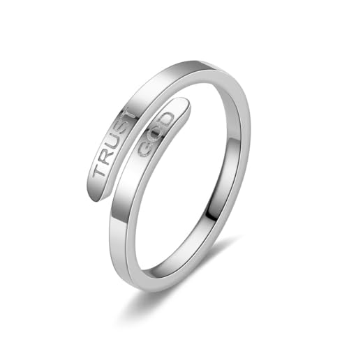 DATOA Trust God Cross Ring for Women Men Stainless Steel Open Adjustable Ring Inspirational Religious Faith Jewelry Christmas Graduation Party - color: Silver