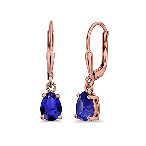 Teardrop Bridal Dangling Leverback Earrings Pear Cubic Zirconia 925 Sterling Silver - color: Rose Tone, Simulated Blue Sapphire CZ