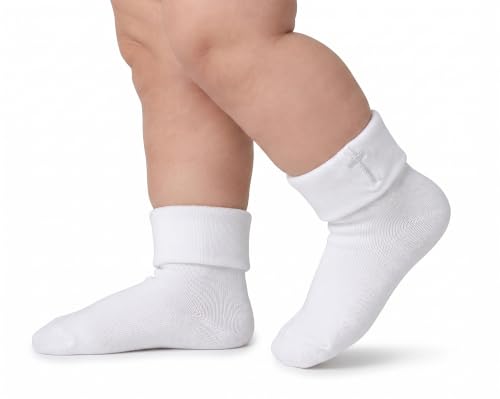 Baptism Socks for Baby Girls - White Newborn Christening Socks With Cross & Eyelet Frilly Lace - color: White